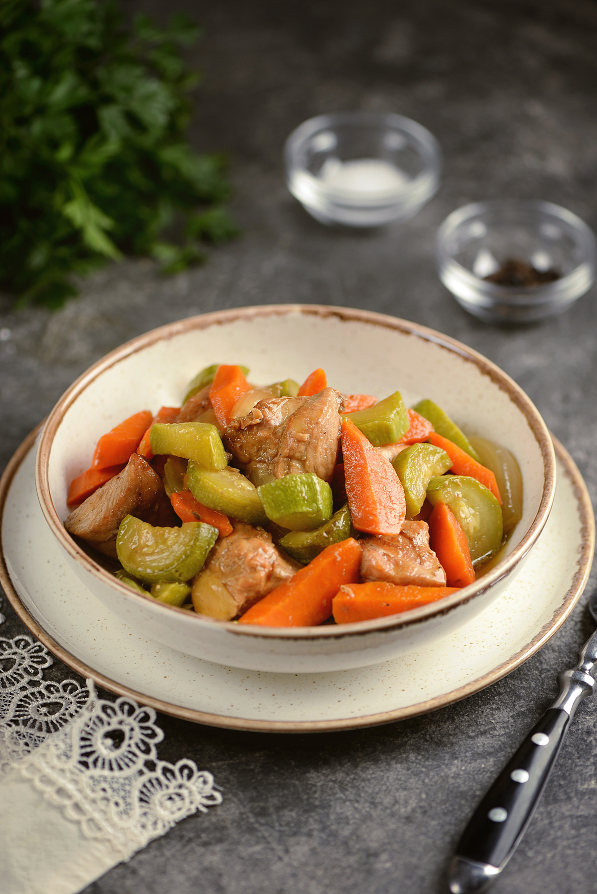 Turkey fillet with carrots, onions and zucchini. Healthly food.